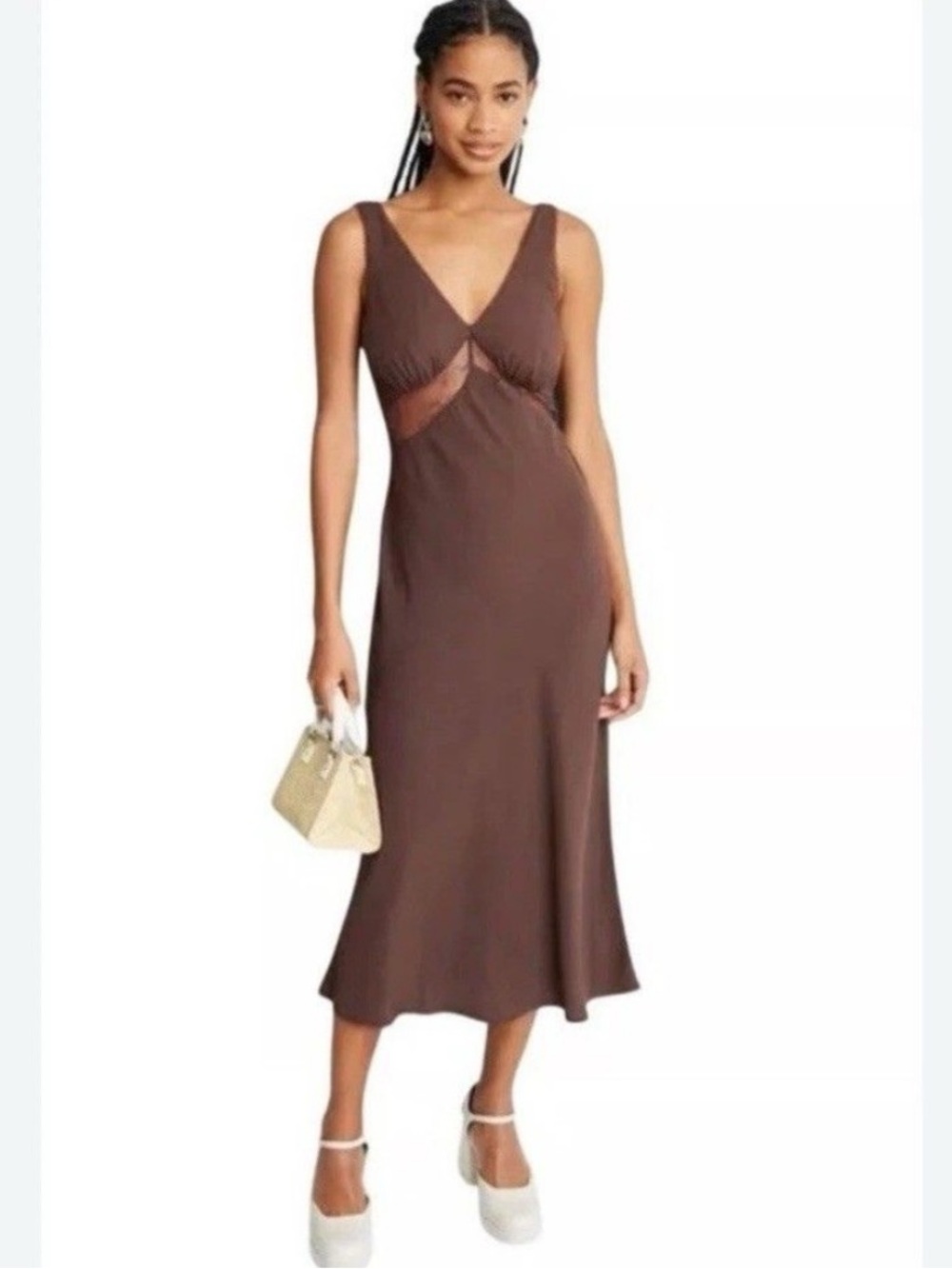 Wild Fable Brown V-Neck Midi Dress with Lace Detail